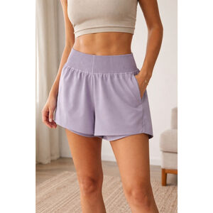 Athleta Cosmic Flutter Short XL Lavender Gray Ribbed Waist Zip Pockets